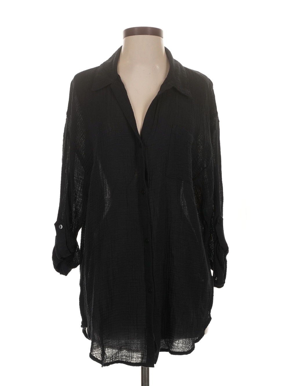 Kona Sol Black Textured Button-Up Swim Cover Up Shirt
